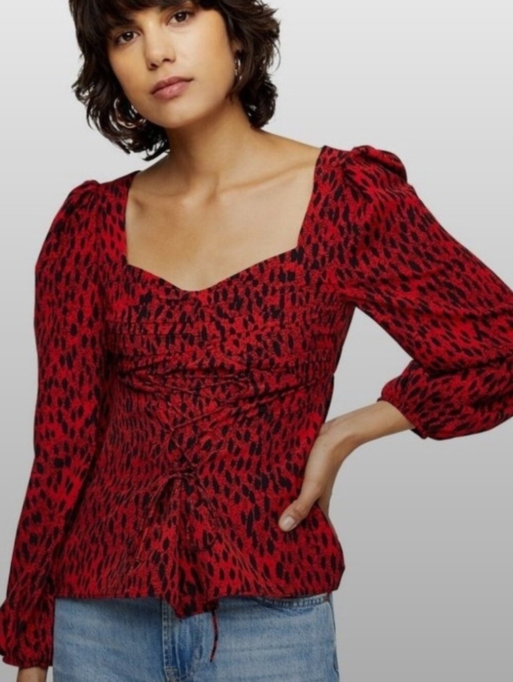 ❤️ NWOT! TOPSHOP RED LEOPARD CORSET STYLE LACE-UP PRAIRIE BLOUSE/ TOP, 6